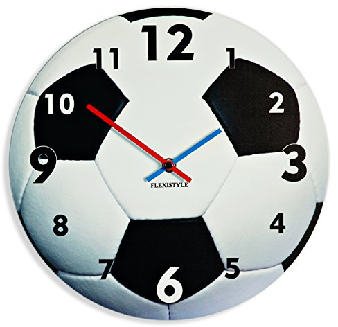 FLEXISTYLE Einzigartige Wanduhr für Kinder Fußball, leise Nicht Ticken, oval, 30 cm, Acryl, für Kinderzimmer, Kindergarten, Schule, Made in EU