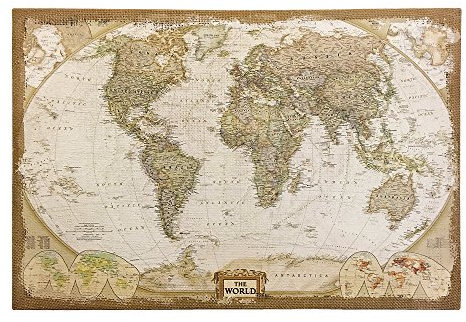 Wandbild Weltkarte Leinwand Stoff Landkarte Atlas Nostalgie Antik-Stil 38x58cm