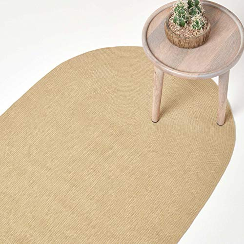 HOMESCAPES Linen Handmade Braided Oval Rug For Bedroom & Living Room Light Brown Reversible Woven Cotton Large Rug, 110 x 170 cm