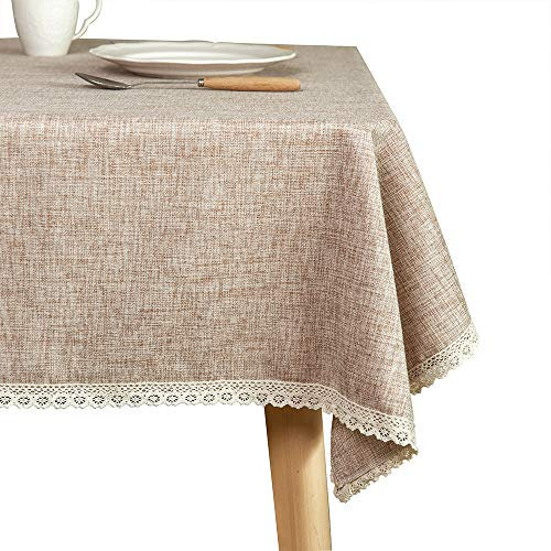GLORY SEASON Leinen Rustikale Sackleinen Waschbare Tischdecke, Solide Schweres Tan 140 x 240 cm Rechteckige Overlay Spitzenkante Tischdecke für Küche Esszimmer Dekoration