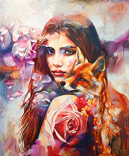WOWDECOR Peinture Numéro Adulte Enfant, Beau Fille Chien Rose Fleur DIY Peinture par numero, Paint by Numbers