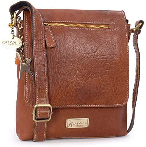 Catwalk Collection Handbags - Leder Umhängetasche Damen - Crossbody Bag/Messenger Bag Mittelgroß - Verstellbarer Schultergurt - Anja - Hellbraun