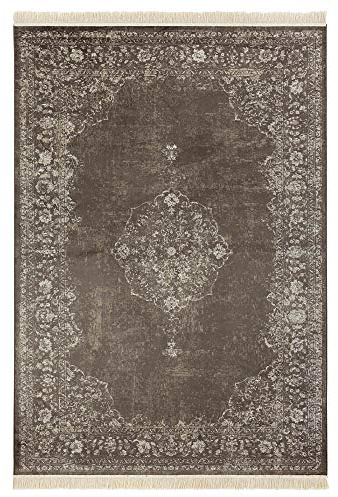 Nouristan Orientalischer Teppich – Wohnzimmerteppich mit Fransen Oriental Vintage Medaillon Naveh Samt-Teppich für Wohnzimmer, Schlafzimmer, Esszimmer, Küche, Flur – Anthrazit, 95x140cm