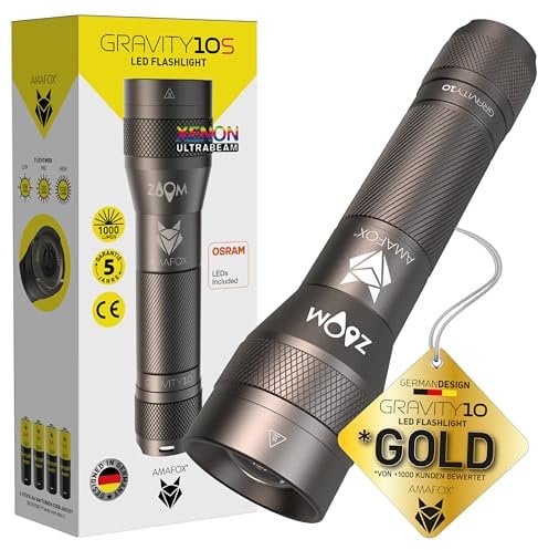 AMAFOX BLACKOUT Taschenlampe G10-1000 Lumen AA Batteriebetrieben - OSRAM Power-LED Extrem Hell, dimmbar & mit Zoom