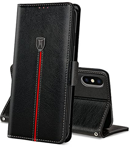 MAMA MOUTH Coque pour iPhone X/iPhone XS, Rabat Portefeuille Cuir Etui, TPU Silicone Bumper Magnétique pour iPhone XS Housse, Porte Cartes Fonction Support Cover, Antichoc Case pour iPhone X/XS Noir