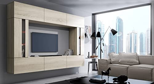 Furnitech Wohnwand Wohnzimmer | Wohnzimmer Möbel mit LED Weiß | Hängend Wohnwand Modern | Wohnzimmer Schrankwand mit Regale und TV Schrank (Future Sonoma Eiche)