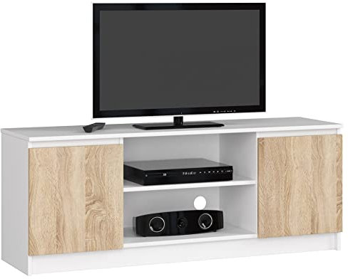 AKORD Meuble TV K-140 | Classique Meuble Télé | Banc Tele | Moderne Mauble Television | H55 x L120 x P40 cm, Poids 30 kg | Couleur: Blanc/Chêne Sonoma