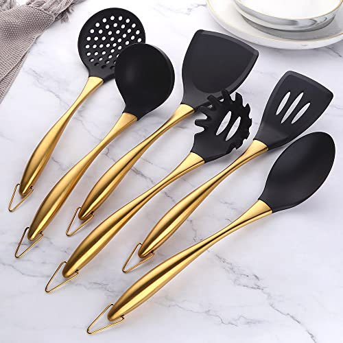 YDware Kitchen Utensil Set, 6Pcs Silicone Cooking Utensils Spatula Turner Heat Resistant Tools, Non-Stick Cookware with Steel Handle Gold