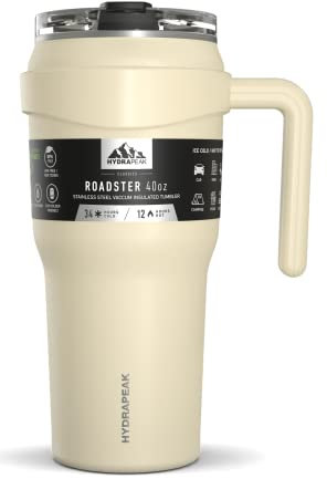 Hydrapeak Roadster Edelstahl-Trinkflasche, doppelwandig, vakuumisoliert, mit Griff und 2-in-1-Trinkhalm-Deckel, 1,2 l, modernes Cremefarben