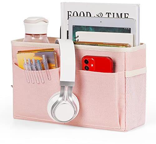 Retyion Nachttisch-Caddy, Nachttisch-Organizer, hängendes Etagenbett, Schlafsaal mit Seitentaschen für Wasserflaschen, Bücher, Handys, Kopfhörer, Rosa