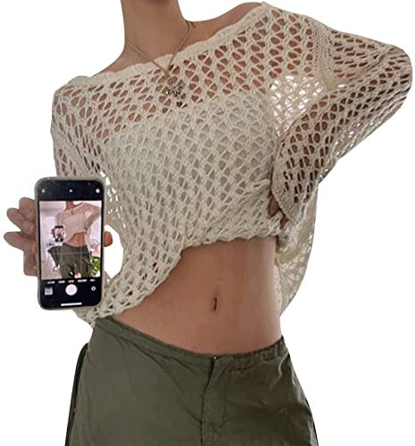 Yassiglia Women's Y2K Crochet Long Sleeve Pullover, Sexy Hollow Out Crop Tops See Through Fishnet Top Cover Up Shirt (White, S)