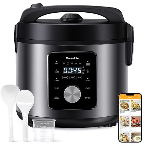 GoveeLife - Smart Rice Cooker, 6 in 1, Slow Cooker, Yogurt, Pan, Steam, Food Warmer, 1000W, 10 Cups Uncooked 5.2 Quart, Includes App with 33 Recipes