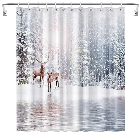 Ohok Badezimmer Duschvorhang 180 x 180 cm, wasserdichte Weihnachten Duschvorhänge mit 12 Haken, Baddekoration Badvorhang Langlebiger Polyester Badvorhang (Hirsche)