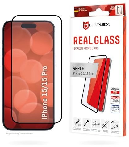 Displex Full Cover Panzerglas (10H) für Apple iPhone 15/15 Pro, Eco-Montagerahmen, volle Displayabdeckung, Tempered Glas, kratzer-resistente Schutzfolie, hüllenfreundlich