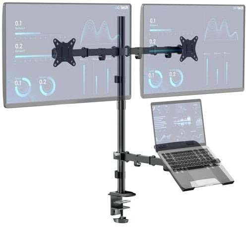 WORLDLIFT Dual Monitor Halterung mit Laptop Ständer für Two 17-32 Zoll LCD LED Bildschirm and 10-15 Zoll Laptop,Extra hoher Verstellbarer Ständer,Max 9kg pro Arm,Vesa 75x75/100x100mm,Schwarz
