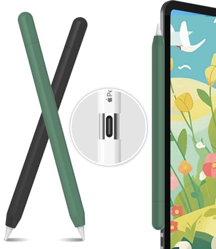 AhaStyle 2 Pack Silicone Apple Pencil (USB-C) Case 2023 Ultra Thin Protective Cover Skin Apple Pencil Sleeve Anti-slip Grip Compatible with Apple Pencil USB C (Black & Alpine Green)