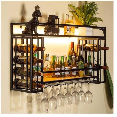 Casier à vin Mural avec Support en Verre, casier à vin Suspendu avec lumière LED, Porte-Bouteille en métal, présentoir de Stockage de vin, pour la Maison, Le Bar, la Salle à Manger, la Cuisine (coule