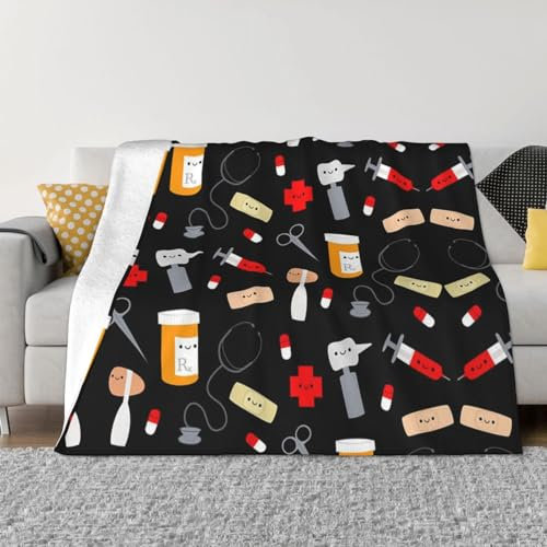 HAHAFU Decke mit Cartoon-Medizin-Motiv, personalisierbar, warm, weich, bequem, Flanell, Überwurfdecke für Bett, Sofa