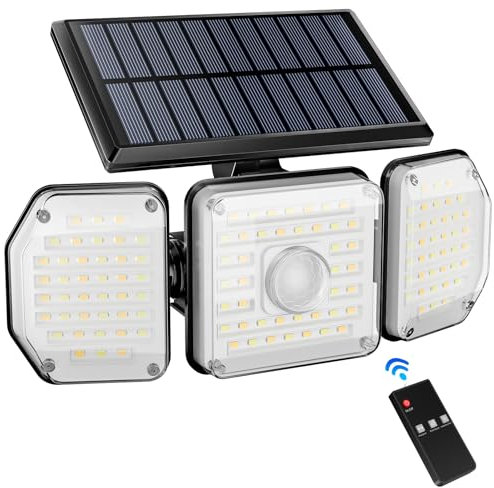 SALCAR Solarlampen für Außen mit Bewegungsmelder, 122 LED Solar Strahler Warmweiß/Weiß Solarleuchte 3 Modi mit Fernbedienung, Solar Außenleuchte Wandleuchte mit 3 Verstellbarer Kopf