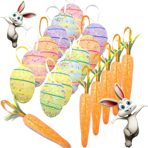 Ostereier-Ornamente und Karotten-Hängeornamente, Osterdekorationen, 12 bunte Schaumstoff-Ostereier und 6 Karotten, Glitzer, DIY, Basteln, künstlicher Osterbaum-Dekor für Osterkorb, Frühling, Zuhause,