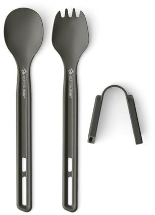 Sea to Summit - Frontier Ultralight Cutlery Set - 1 Person, 2 Piece - Long Handle Camping Spoon & Spork + Adaptor Attachment - Hard Anodised Aluminium Camping Dinnerware - Smooth Matte Finish - 32g