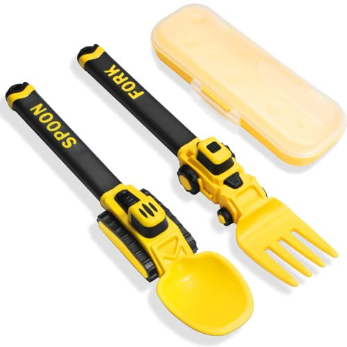 Construction Toddler Cutlery Set - Digger Baby Cutlery Set - Suitable for Kids Forks and Spoon - Portable Forks and Spoon for Kids, Birthday Gifts for 1-5 Year Old Toddlers - Yellow