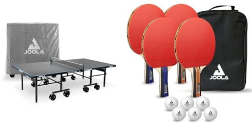 JOOLA Tischtennisplatte Outdoor Aluminium PRO Wetterfest mit Tisch Abdeckung & Tischtennisset Family Advanced, 4 Tischtennisschläger + 6 Tischtennisbälle 3Star + Tragetasche, Advanced Level, 28x18x8cm