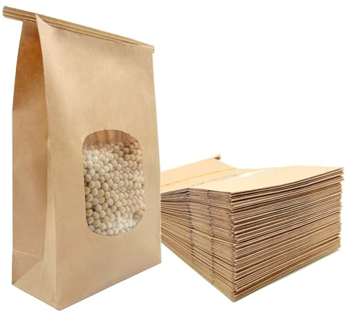 50 Pezzi Sacchetti Carta Kraft con Finestra,Sacchetti Carta per Alimenti, per Regali,Asporto Pane Pizze Dolci Caramelle ed Articoli da Forno (marrone, L)