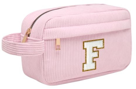 Personalisierte Initialen Make-up-Tasche, Cord-Kosmetiktasche Reise Kulturbeutel mit MetallReißverschluss Tragbare Schminktasche Damen, Weihnachts Geburtstagsgeschenk für Frau Mädchen Rosa F