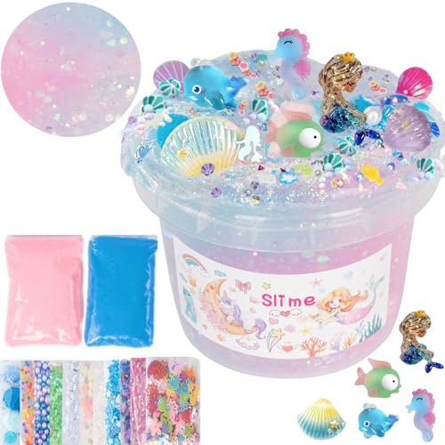 Clear Slime 10.2OZ DIY Schleim Partygeschenke mit 12 Säckchen für Mädchen Jungen und 2 Fluffy Cloud Slime,Slime Wie eine Meerjungfrau,die in einem Meer aus Blau-rosa Schwimmt