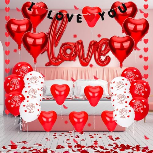 34-teiliges Valentinstag Deko Set, Rote Herzballons, LOVE Folienballon, I Love You Girlande, 500 Rosenblätter für Valentinstag Hochzeit Jahrestag Party