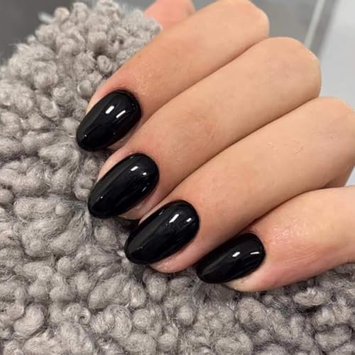 SXVME Black False Nails Short Oval, 24 Pcs, Acrylic Press On Nails, Glossy Solid Gel, Full Cover, Women's Daily Wear
