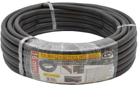 S&M 544989 – Tubería negra de polietileno Ø 16 mm con goteros integrados cada 33 cm para riego por goteo – rollo de 25 metros | Los goteros riegan entre 2 y 4 L/hora según la presión