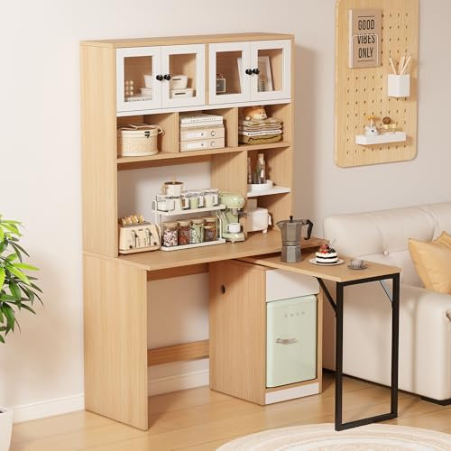 Merax Küchenbuffet Buffetschrank, Küchenschrank mit Arbeitsplatte, Hochschränke mit Faltbarer Tisch, Schrankschreibtisch Arbeitstisch, Weiß+Natur, 110x55x180cm