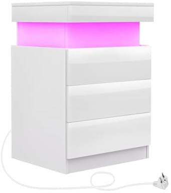 EXSELTMAN Nachttisch weiß led, 3 Schubladen, Nachttisch mit USB, AC Steckdosen, 2 USB-Anschlüsse, Hochglanz, Verstecktem Schublade, Beistelltisch Nachtschrank für Schlafzimmer Wohnzimmer