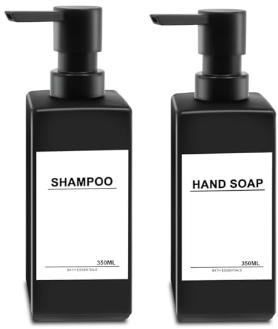2STK Seifenspender Schwarz Matt,Modern Seifenspender Glas 350ml Shampoo Flaschen zum Befüllen Spülmittelspender Küche Duschgel Spender Pumpkopf Kunststoff, Pumpflasche Shampoo für Dusche Badezimmer