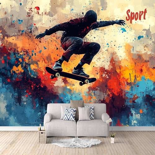 3D Fototapete Skateboard-Junge 200x140 cm 3D Wandbild Tapete, Modern Vlies Motivtapeten, Groß Foto Tapete, Schlafzimmer Wohnzimmer Büro Wandtapete Deko.