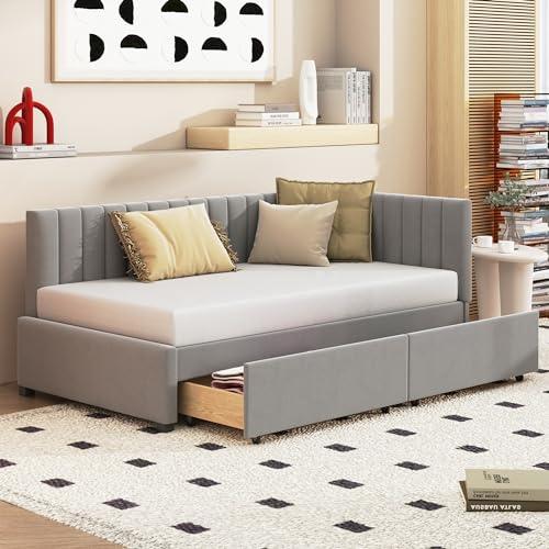 RIAZOS Polsterbett Daybett 90x200 cm, Schlafsofa mit 2 Schubladen, Bettgestell mit Lattenrost, Gästebett Tagesbett Sofabett, Samtstoff, ohne Matratze, Grau