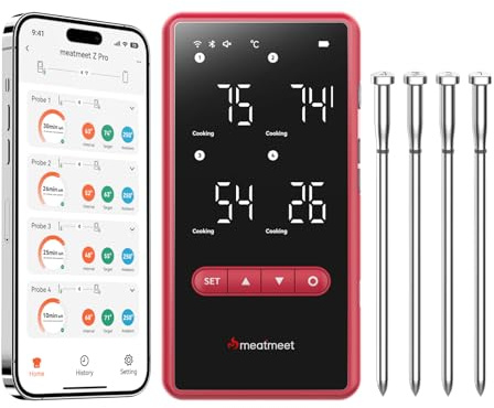 Z Pro Wireless Meat Thermometer with Wi-Fi & Bluetooth, 4 Probes | 6 Built-In Sensors, IP69 Waterproof, Heat‑Resistant up to 595°C, Smart App & Base, for BBQ Grill Oven Smoker Air Fryer