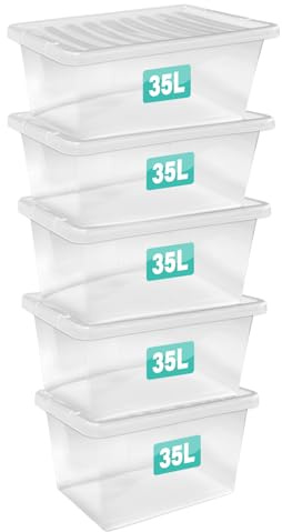 Optimal Products 5 x 35 Litre Clear Plastic Storage Box With Lids UK BRITISH MADE Home Office Stackable Transparent Plastic Boxes, Size 5,11,24,28,35,45,62 Litre