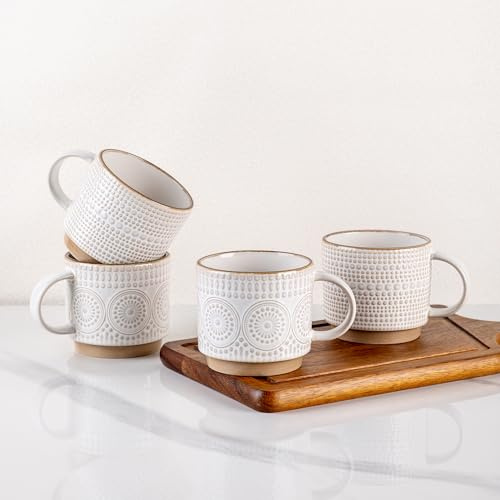 GBhome 12 OZ Stackable Coffee Mugs Set of 4, Ceramic Coffee Cups Set | Coffee Cups for Latte, Tea, Cocoa&Milk, Ideal for Daily Use&Gifts, Microwave&Dishwasher Safe, Off White
