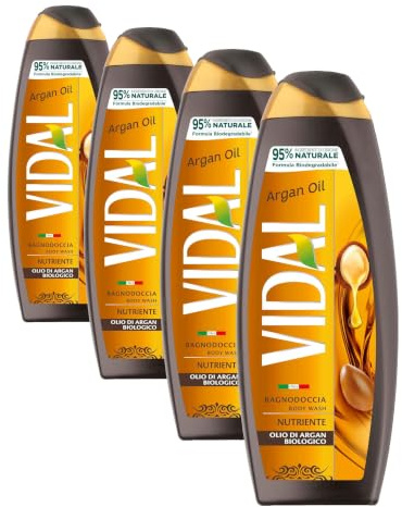 Vidal - Bagnoschiuma Argan Oil, Formula Nutriente, con Olio di Argan, Dermatologicamente Testato, 500ml (Confezione da 4)