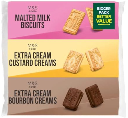 M&S Extra Cream Triple Pack Biscuits, Malted Milk, Custard Creams, Bourbon Creams Variety -Pack of 2x
