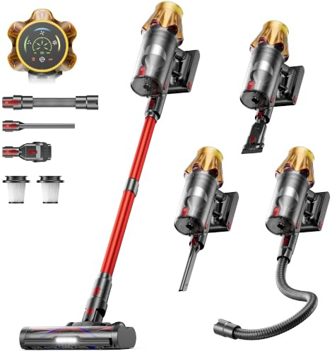 Akku Staubsauger 55KPa/600W/70Min, 1,8L Großer Staubsauger Kabellos LED Display, Anti-Tangle-Bürste, Selbststehend, Wandladestation, 1.5M Schlauch, Ultraleise, für Tierhaare/Teppiche/Hartböden/Auto