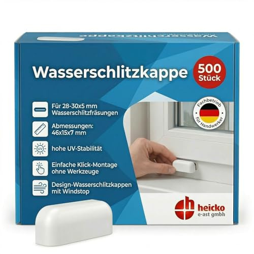 heicko Wasserschlitzkappen mit Windstopp, Verkehrsweiß, 28-30x5mm (500 ST) | RAL 9016 – Entwässerungskappen für Kunststoff- & Alufenster – Ablaufkappen Fensterrahmen - Schutz vor Insekten