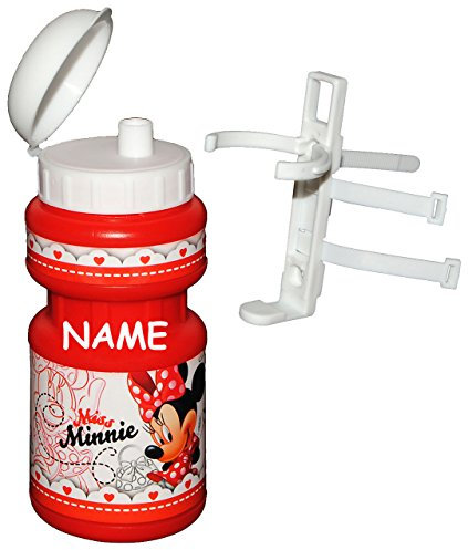 alles-meine.de GmbH Fahrradtrinkflasche - Minnie Mouse - mit Halterung - incl. Name - Flaschenhalter Kunststoffflasche Kinderfahrrad/Halter für Kinder Fahrradflasche - Fahrrad ..