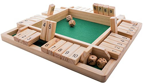 GrowUpSmart Shut The Box Würfelspiel (2-4 Spieler) für clevere Kinder & Erwachsene [4-seitiges großes Holz-Brettspiel, 8 Würfel & Shut The Box-Regeln] Spiel zum Erlernen von Nummern & Strategie