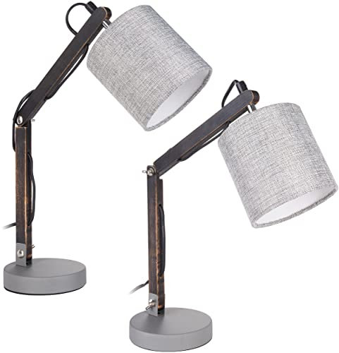 BRUBAKER 2er Set verstellbare Leselampen Schlafzimmerlampen Tischleuchten - bis 52 cm Höhe - Holzarm Schwarz - Textilschirm Grau