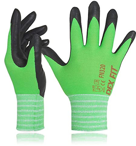 DEX FIT Nitrile Work Gloves FN320, 3D Comfort Stretch Fit, Power Grip, Durable Foam Coated, Thin & Lightweight Premium Nylon, Machine Washable, Green 7 (S) 3 Pairs