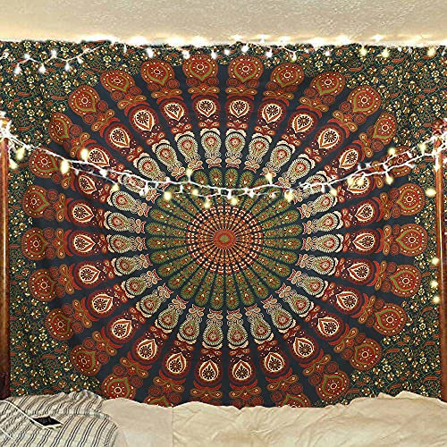 Bless International Indischer Hippie Bohemian Psychedelic Peacock Mandala Wandbehang Bettwäsche Tapisserie (Golden Green, Queen (213x288Inches) (215x230Cms))